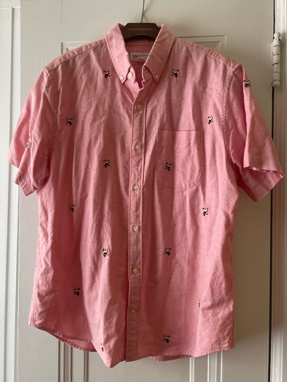 GAP Pink Short-Sleeve Button-Down with Embroidered Motifs